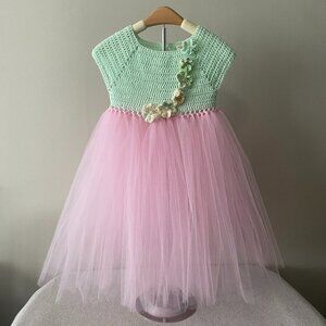 Handmade Children's Cotton Crochet Light Mint Green Pink Tulle Tutu Dress